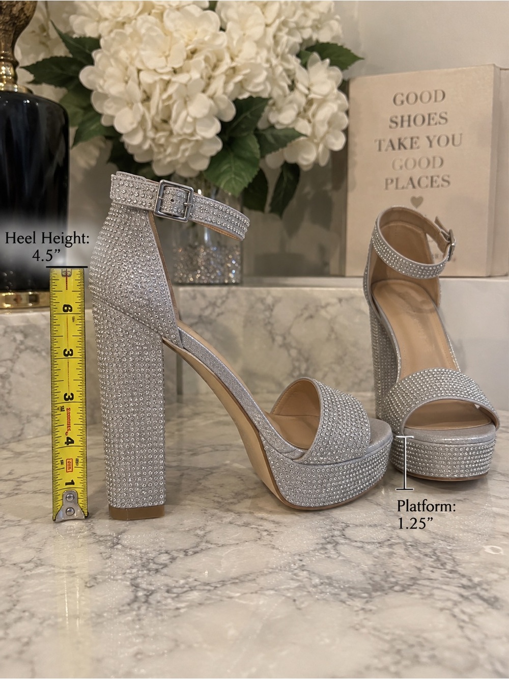 bebe Silver Crystal Platform Ankle-Strap Heels - Picture 2 of 2